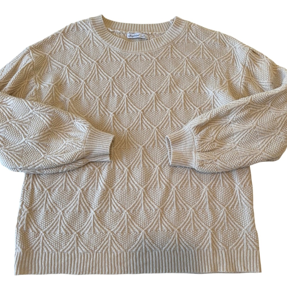 Aster Cream Textured‎ Geometric Pattern Crew Neck Knit Long Sleeve Sweater, M